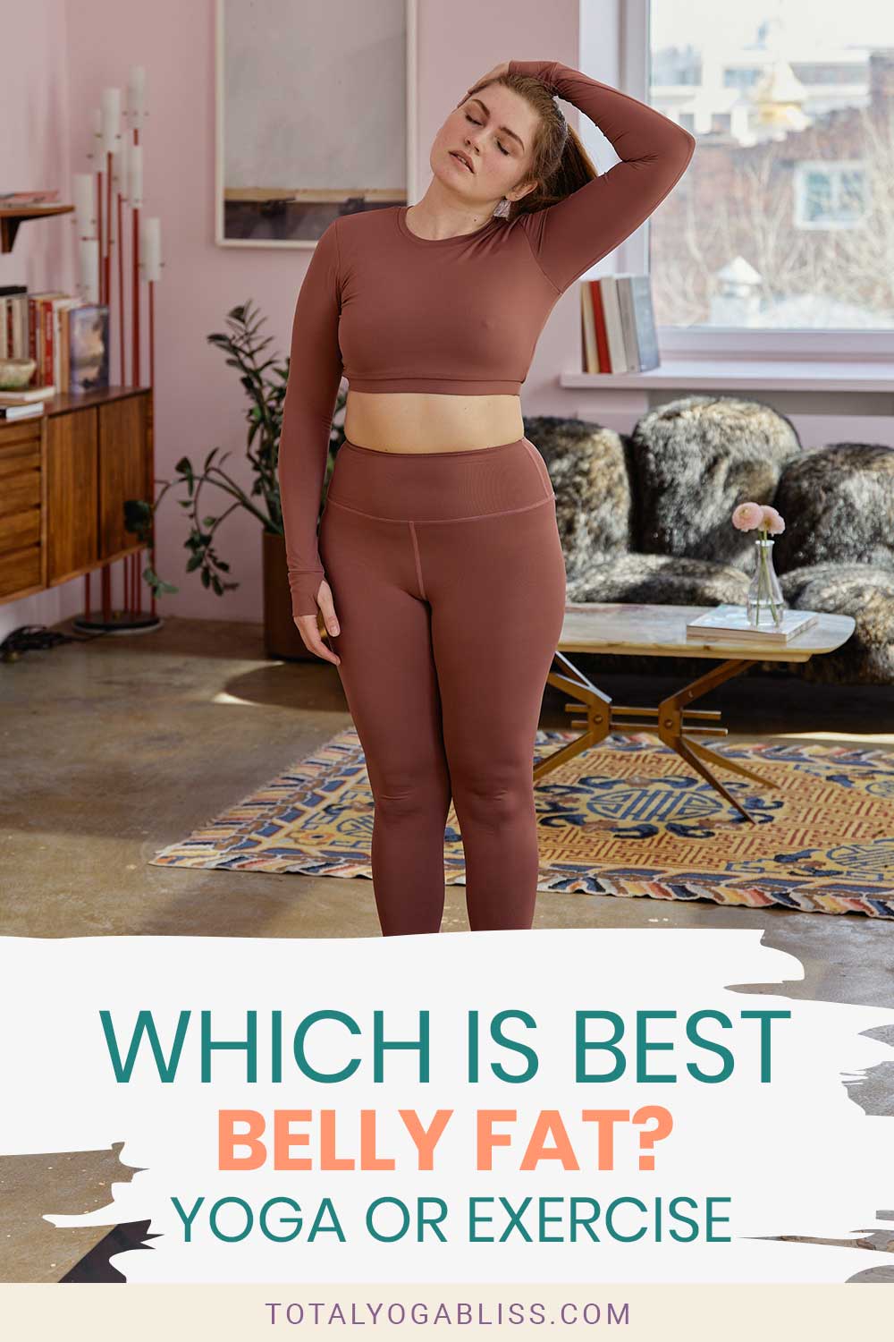 Woman in brown activewear doing yoga indoor - Which Is Best For Belly Fat? Yoga Or Exercise