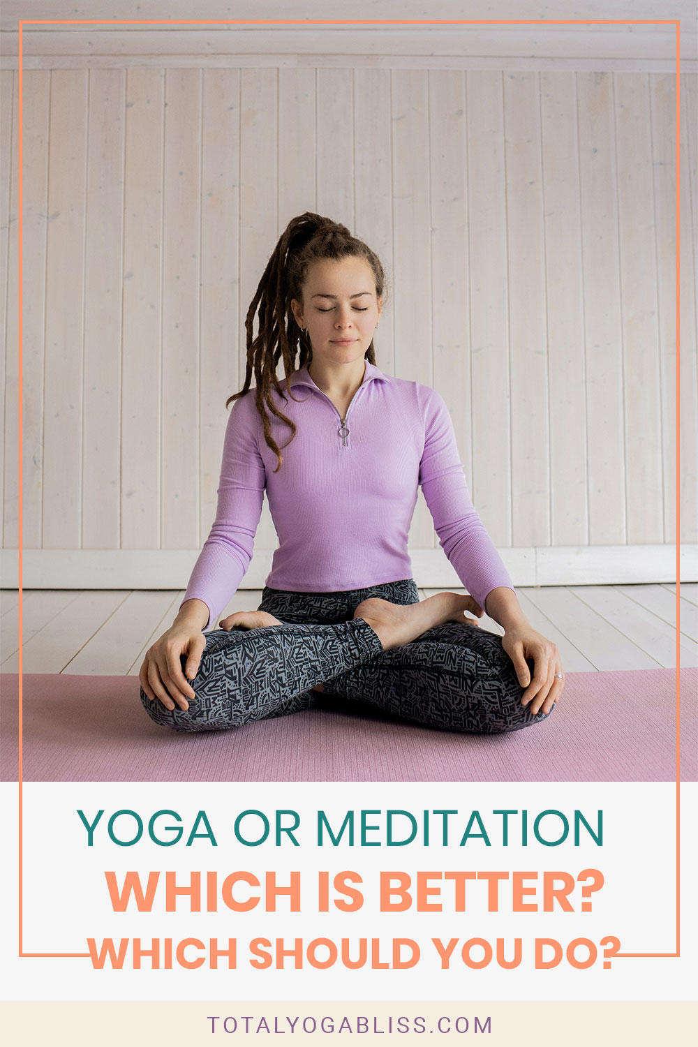 Woman in purple jacket meditating on a purple mat - Yoga Or Meditation - Which Is Better? Which Should You Do?