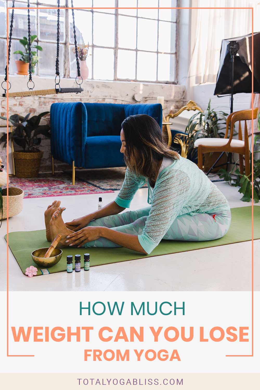 Women in doing yoga on a green yoga mat in a living room - How Much Weight Can You Lose From Yoga?