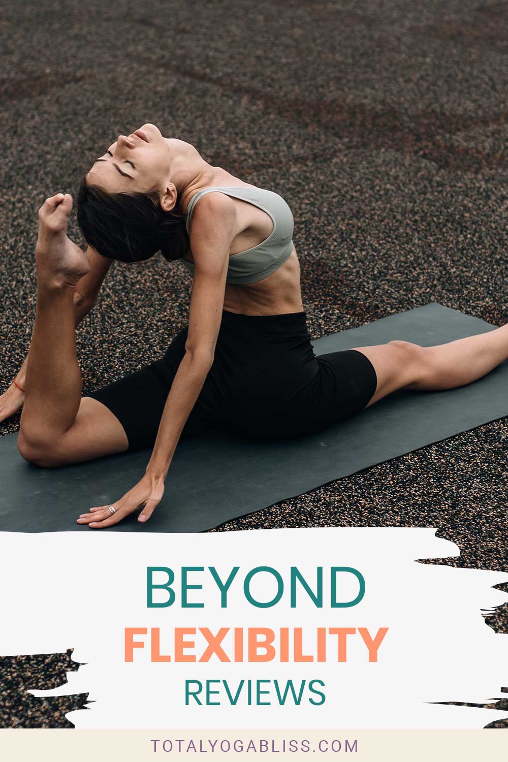 Woman doing a split on a black yoga mat - Beyond Flexibility Reviews.